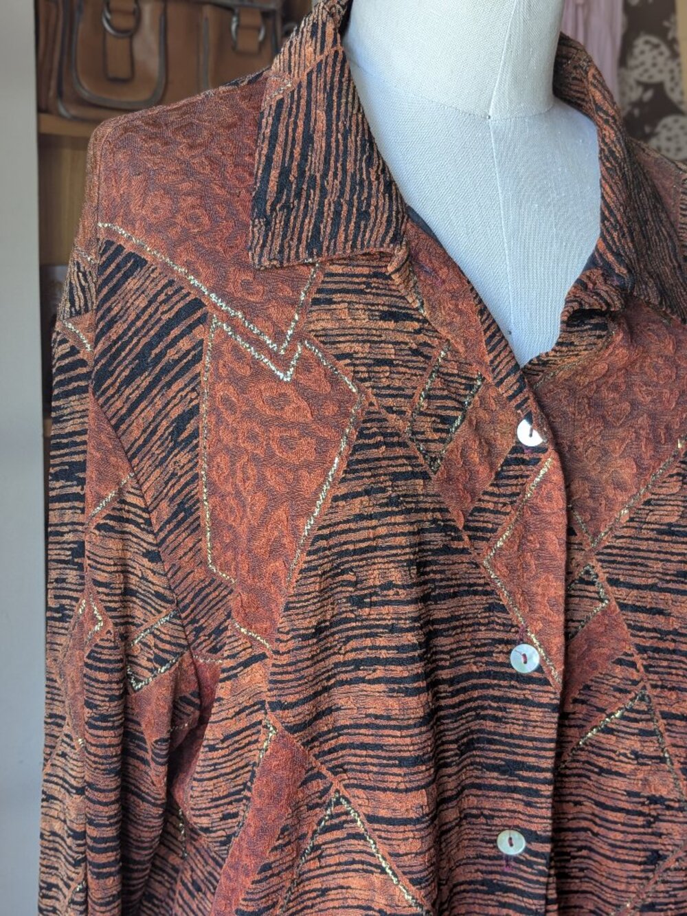 Vintage 90s Graff Brown/Black/Gold Animal Print Button-down Blouse